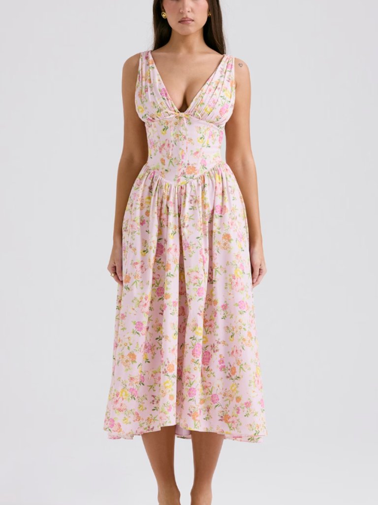 Nwt House Of Cb Emmelina Pink Meadow Print Cotton Corset Sundress, Size M, D/E